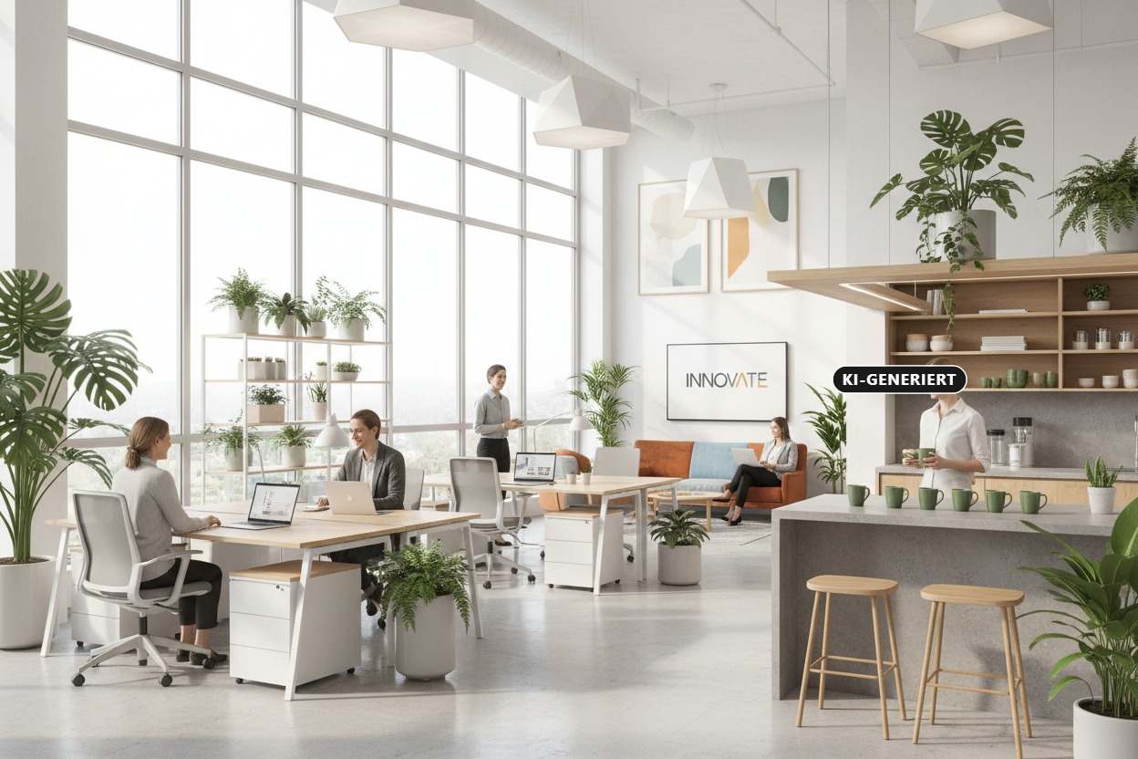 KI-generiert: Moderne, helle Büroetage mit großen Fenstern, offenen Arbeitsplätzen, vielen Pflanzen und einer integrierten Küche.